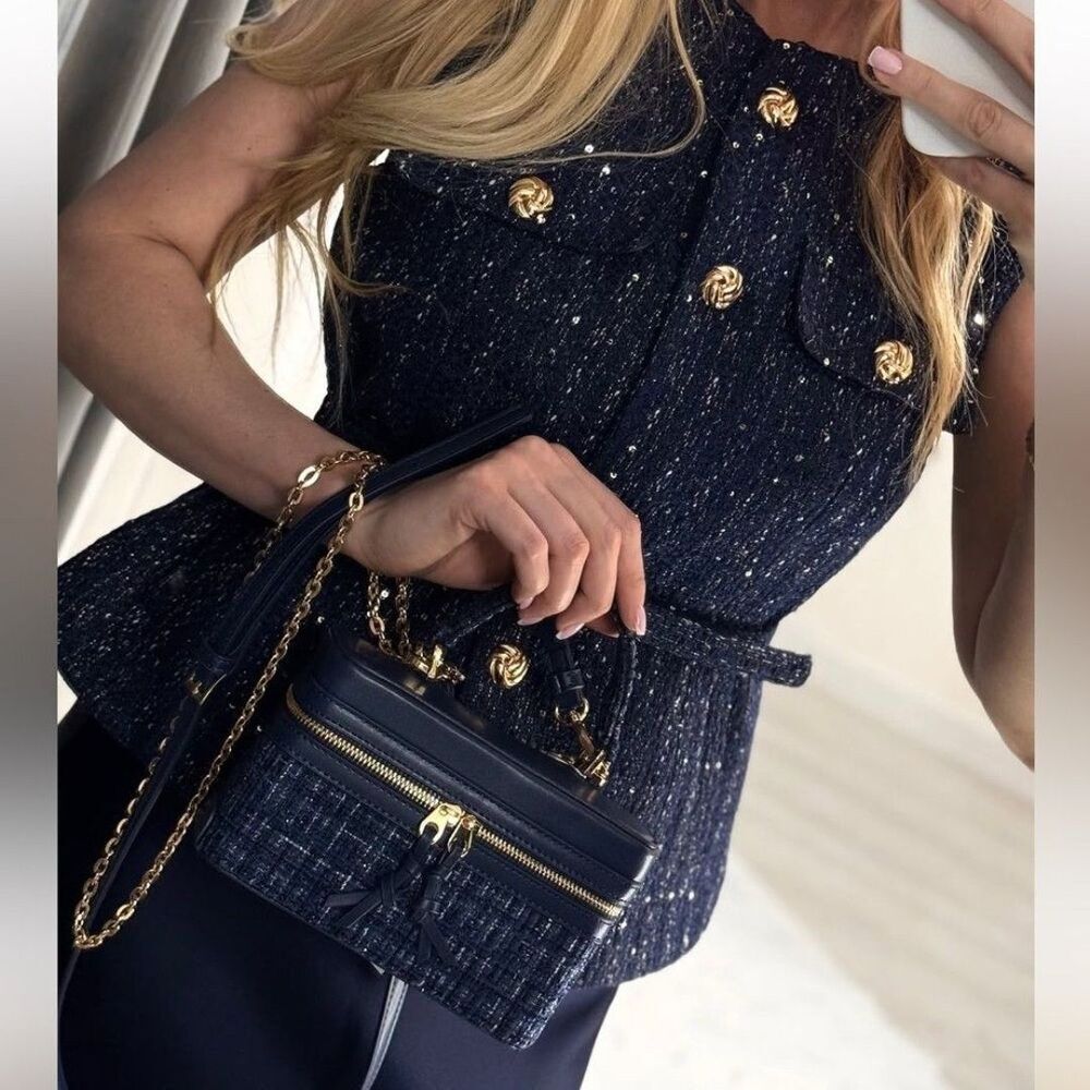 NWT NAVY BLUE BELTED SEQUIN STRUCTURED VEST SIZE XS